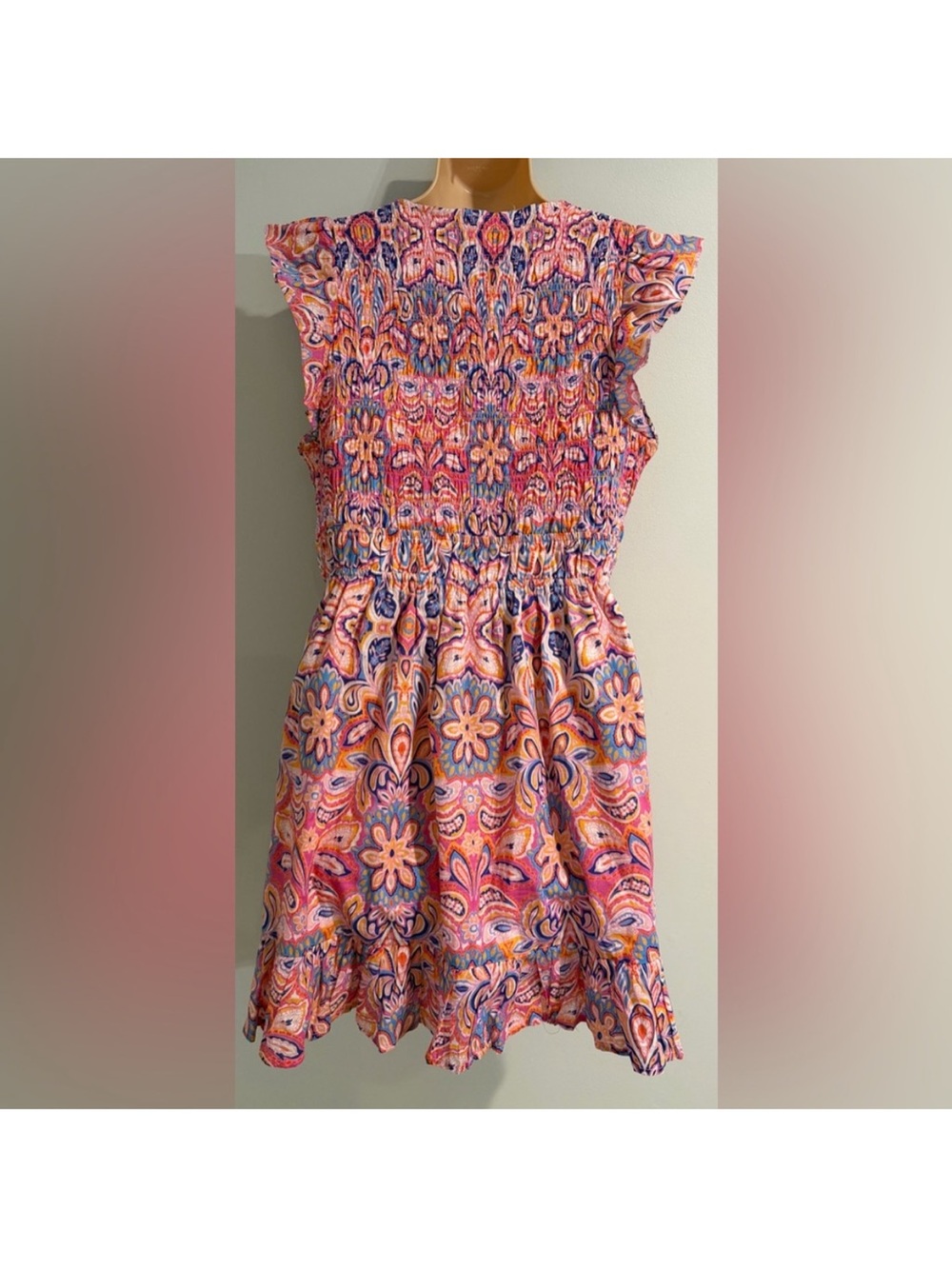 Anthropologie Peregrine Smocked Ruffled Pink Floral V-Neck Mini Dress SMALL - Picture 13 of 14